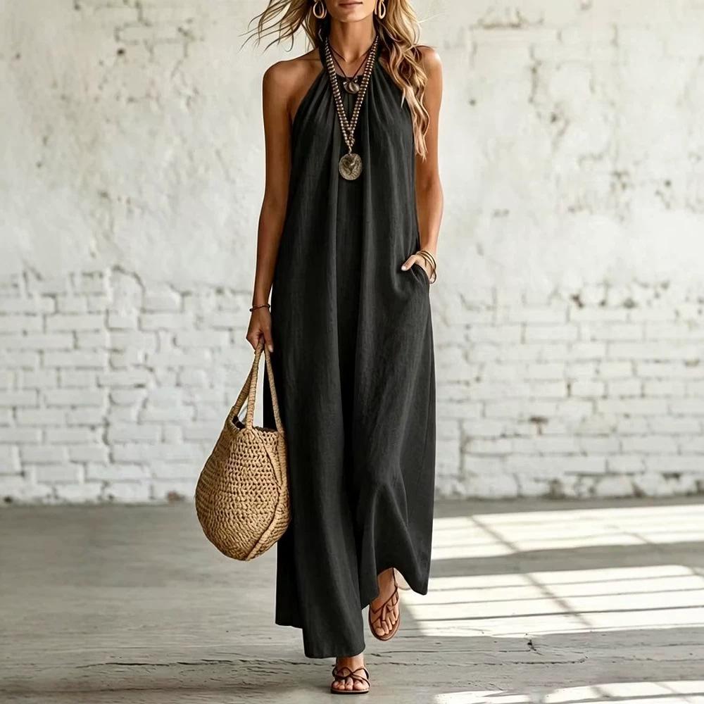 Maxi Abito in Lino con Scollo all'americana Senza Maniche, Schiena Scoperta Ampio Svasato con Tasche Vestito Estivo, Leggero Monocromatico Outfit Casual per Spiaggia Resort Vacanza Uso Quotidiano