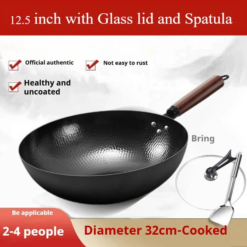 

12.5 inch Carbon Steel Wok For Electric Induction and Gas Stoves with Lid Spatula and User Guide Video Included For all Stoves 32cm