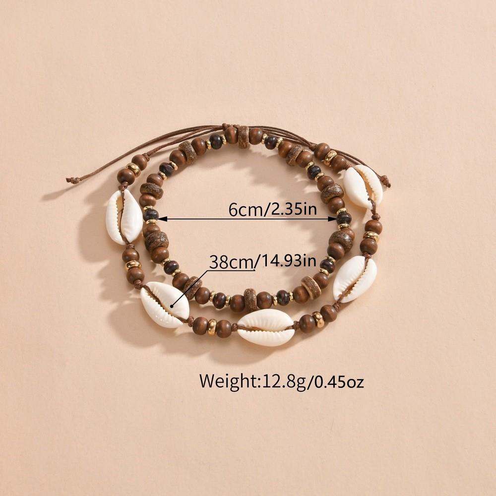 2-piece Bohemian style shell woven wooden beaded women's anklet set