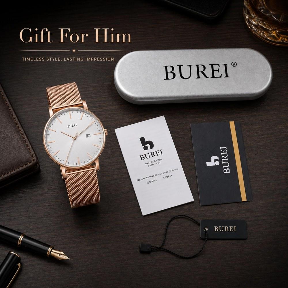 BUREI Men's Quartz Waterproof Date Rose Gold Stainless Steel Business Silver Wristwatch