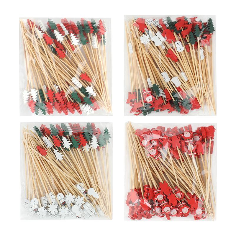 100Pcs Christmas Disposable Bamboo Skewers Santa Claus Xmax Tree Fruit Fork Buffet Dessert Cocktail Sticks Christmas Decoration