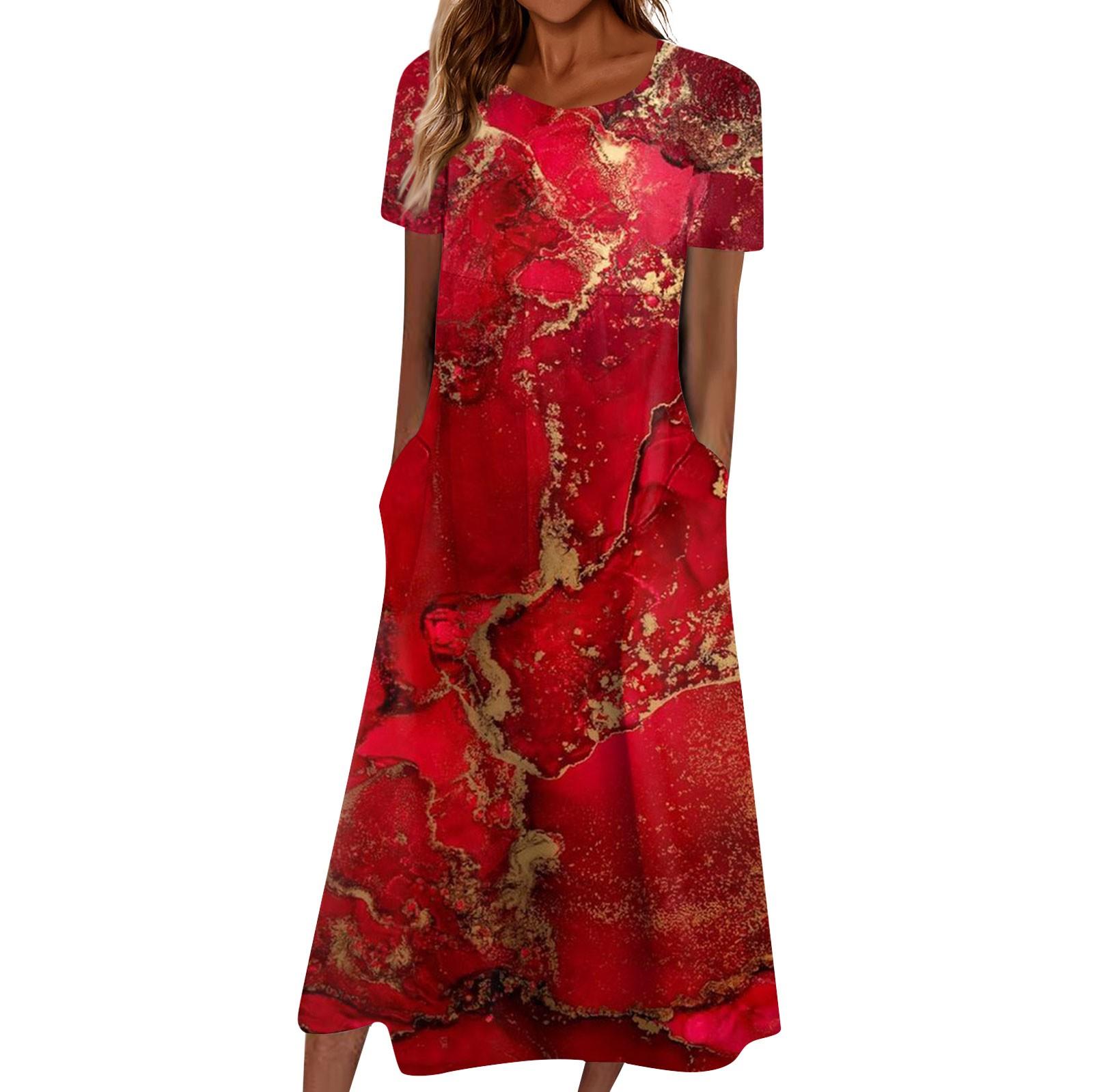 

Летнее платье для женщин, повседневное пляжное свободное платье с v-образным вырезом и короткими рукавами с принтом M винный