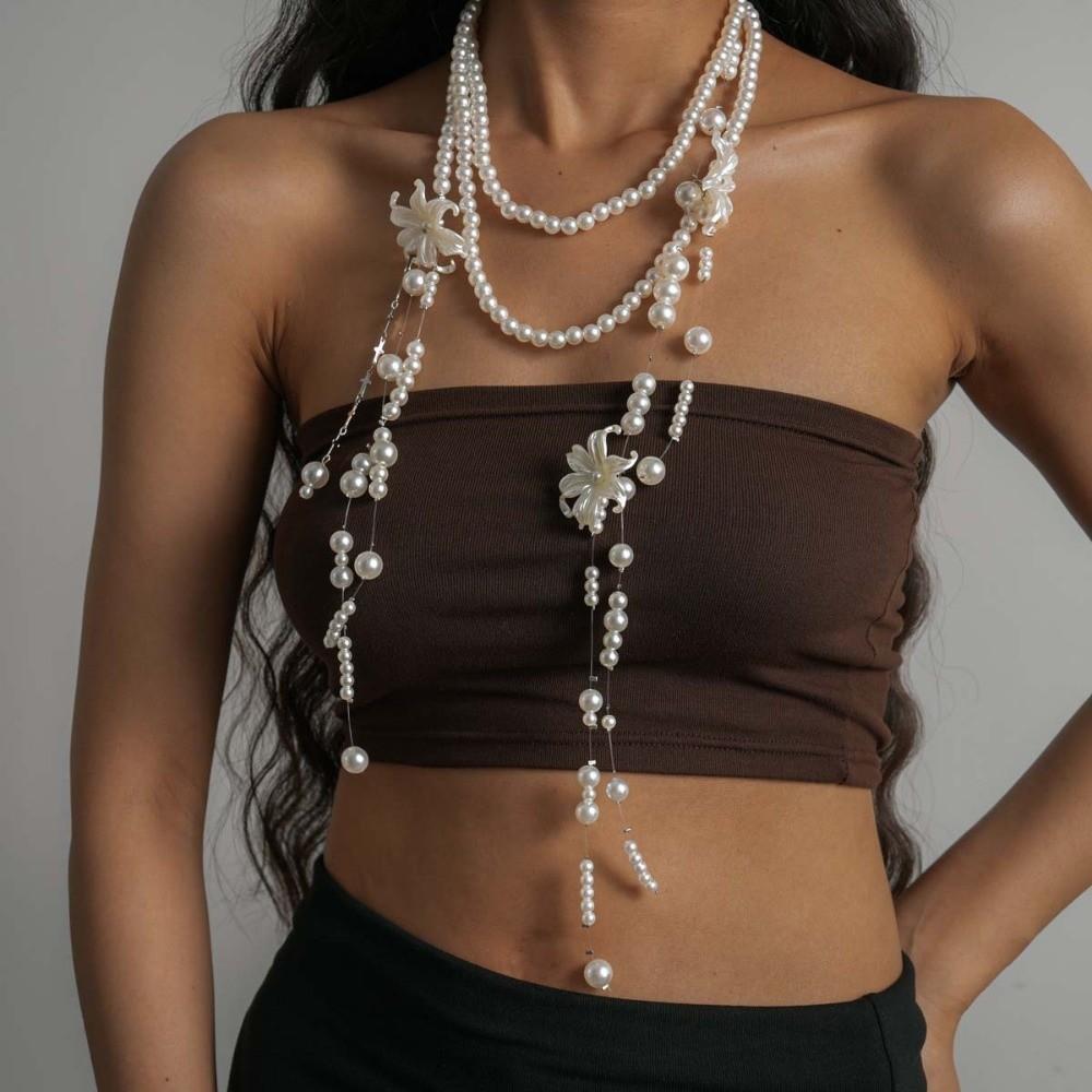 Multi Layer Lilium Flower Pearl Necklace Balletcore Style Stacked Flower Choker Strapless Dress
