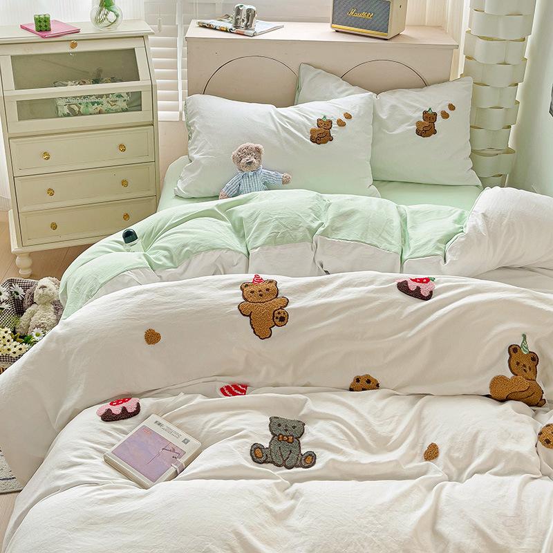 Class A Ins Pure Washed Cotton Bedding Four-Piece Set Quilt Cover Quilt Cover Bed Sheet Person Student Dormitory Three-Piece Set