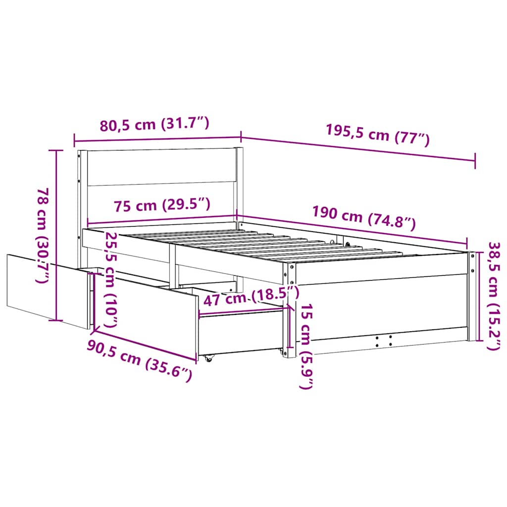 Solid Wood Bed Frame without Mattress Wax Brown 75 x 190 cm Pine Wood