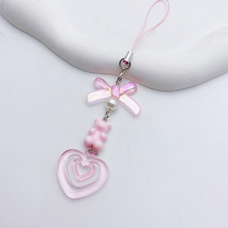 Bowknot Heart Pendant Cellphone Strap Phone Chain Detachable Beaded Phone Lanyard Handmade Keychains for Wallet Bag