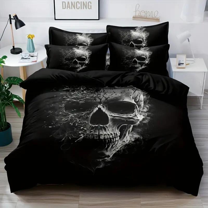 Gothic Skull Duvet Cover Set Queen Size Black And White Skull Bedding Set For Boys Teens Men Retro Floral Comforter Covers Set