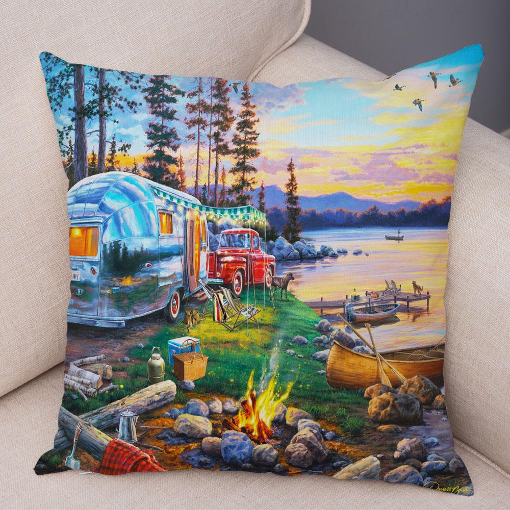 Vintage Colorful Style Coconut Tree Pillow Cover Country House Landscape Pillow Sofa Car Office Cushion Cover Home Decor