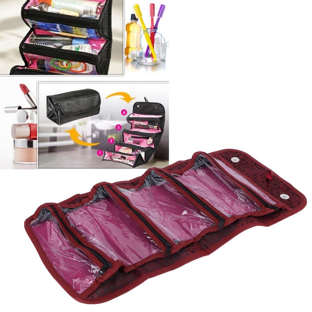 Polyester Cosmetic Bag Wine Red Black Foldable Makeup Bag Multi-Functional Multi-Compartment Makeup Storage Organizer Women Girl