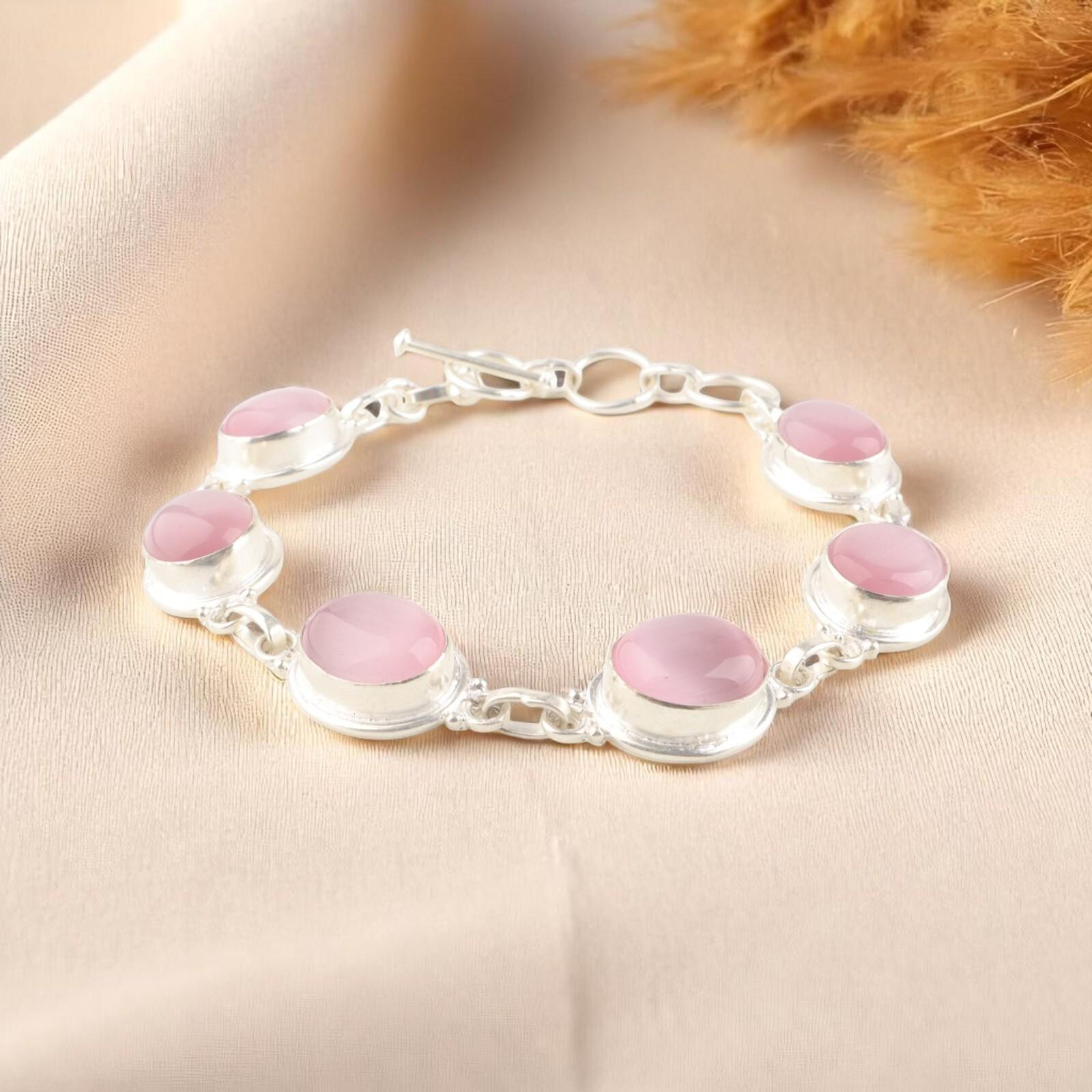 

Natural Pink Cat s Eye Gemstone 925 Sterling Silver Handmade Boho Bracelet 8.5 RB-3-29