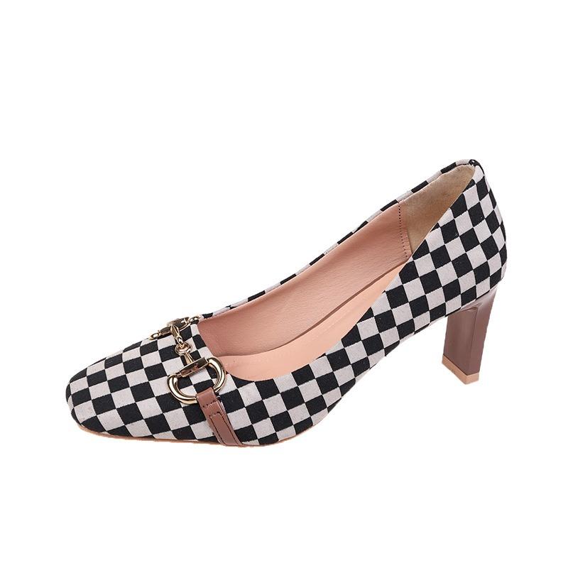 Square Head Single Shoes Women's Fashion Metal Buckle Thick Heel High Heels New Color Matching High Heel Single Shoes