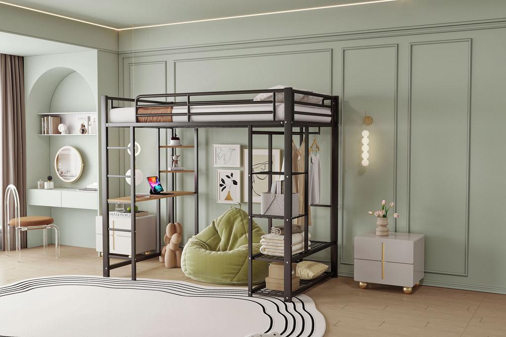 Hochbett mit Leiter 90*200cm, Einzelbett Kinderbett mit Tisch mit einfacher Aufhängung mit Staufächern, Schwarz