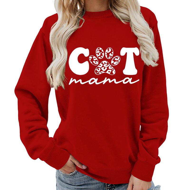 Women's Fashion Round Neck Long Sleeve Colorful Cat  Letter Top Sweatshirt
