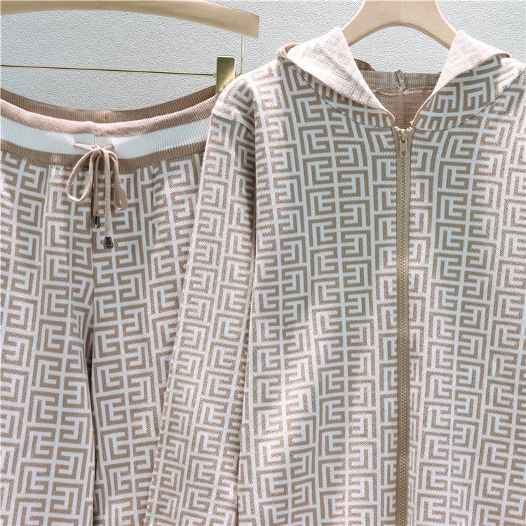 European & American Women's Hooded Jacket & Wide-Leg Pants Knit Two-Piece Set for Spring & Autumn