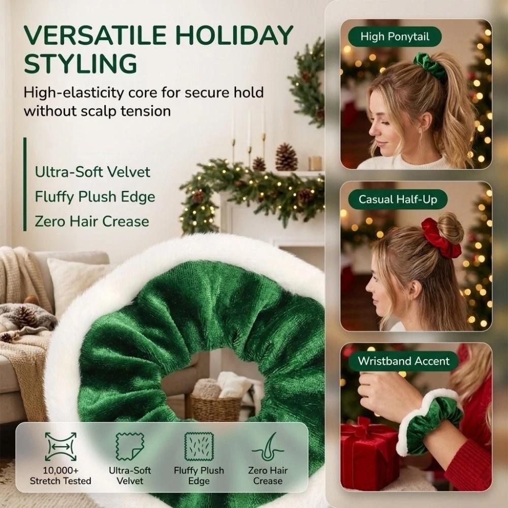 White Trim Christmas Velvet Hair Scrunchie Elastic Headwear Ornament Plush Hair Bands Holiday