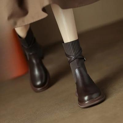 Mode Damenstiefel Herbst/Winter Neue Britische Retro Mode Stiefel Elastische Runde Zehenpartie Gürtelschnalle Rutschfest Dicke Sohle Kurze Stiefel