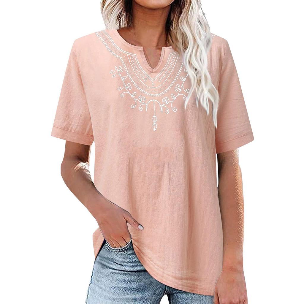 Cotton And Linen Embroidered Shirt V-Neck Color Women's Artistic Loose Fitting Short Sleeved Summer