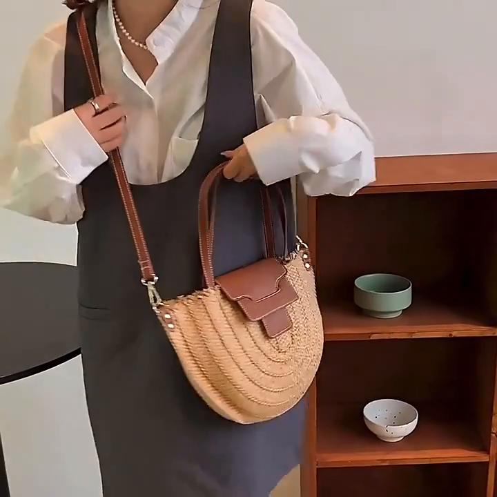תיק קש רטרו חצי עגול לנשים בעבודת יד ארוג חוף נייד תיק Crossbody כתף