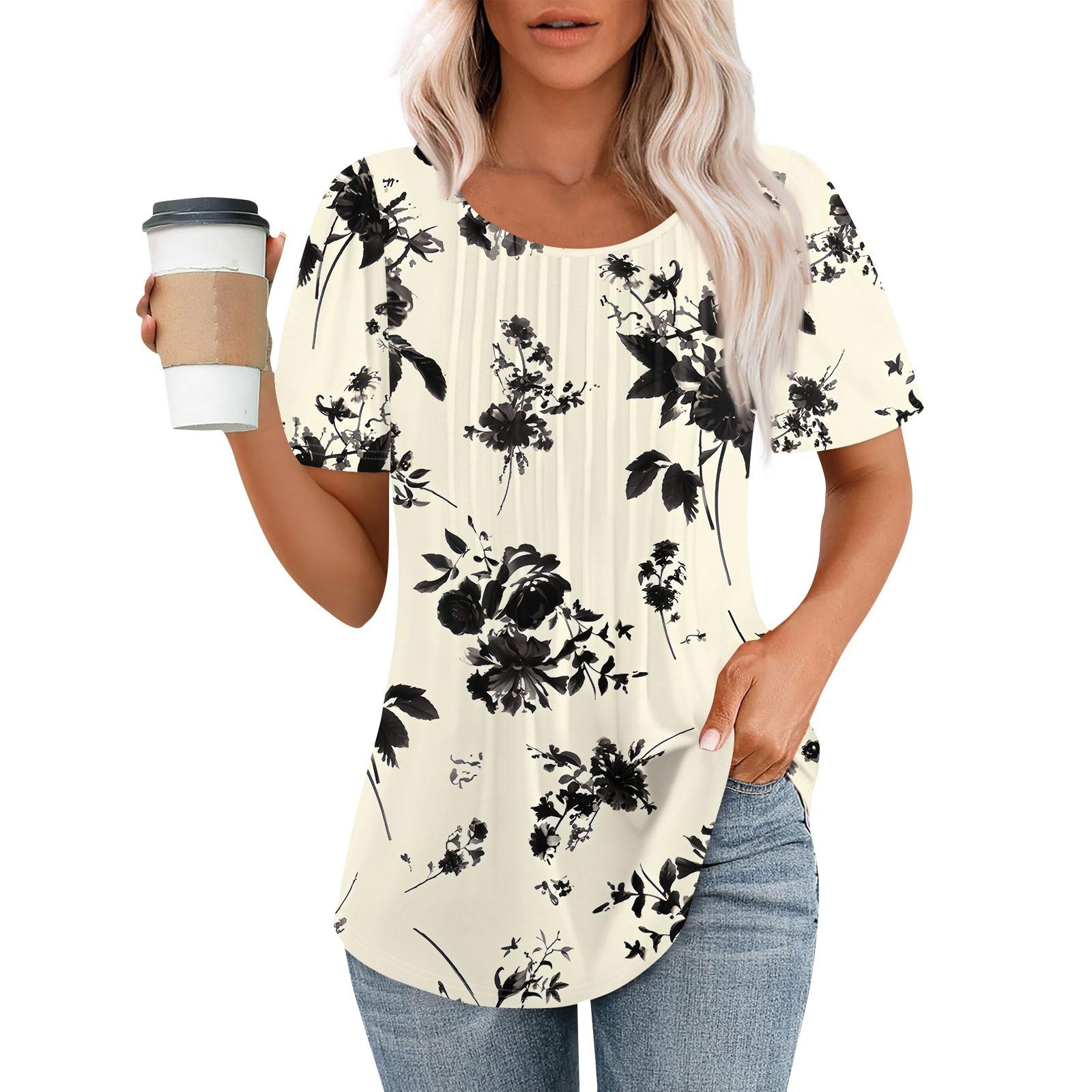 

Женская модная повседневная плиссированная футболка с коротким рукавом с цветочным принтом и круглым вырезом Топ XXL чёрный