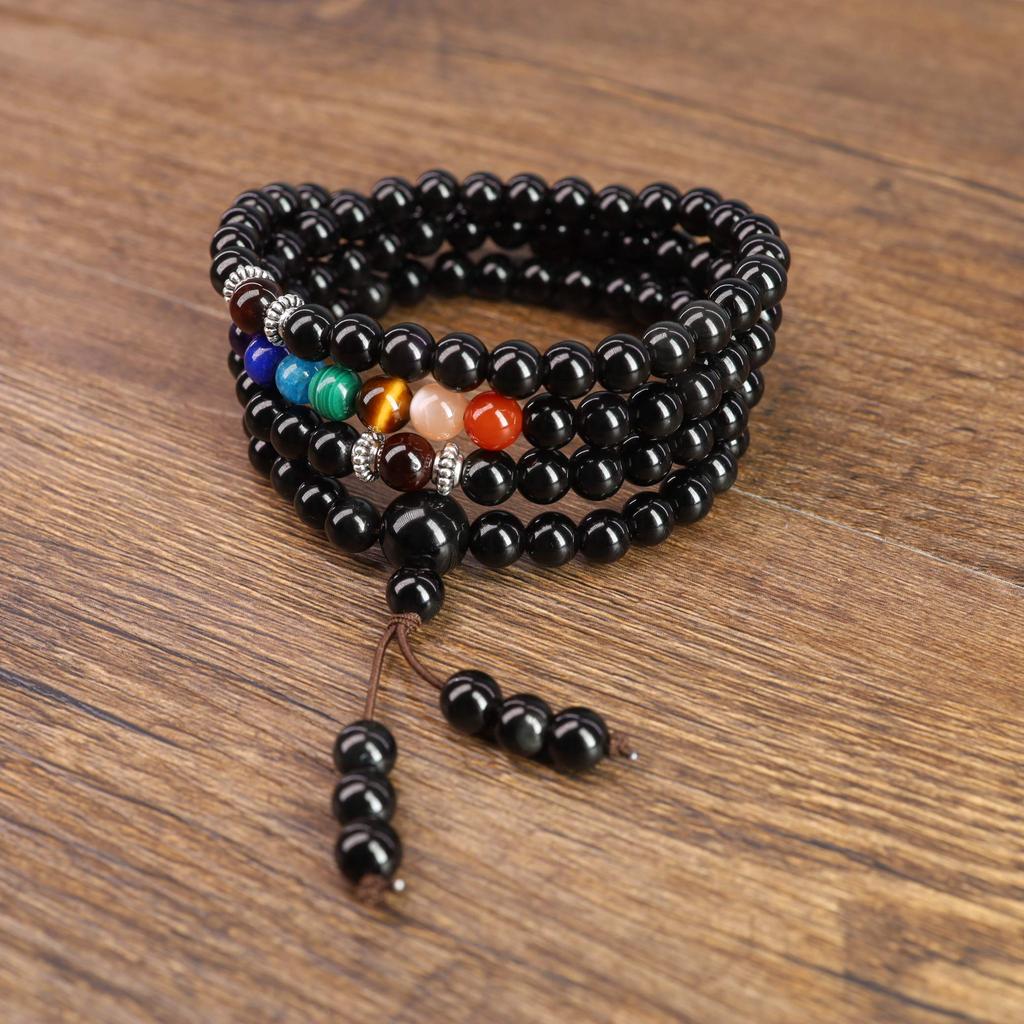 108 Beads Obsidian Chakra Bracelet Quadruple Mala Beads [Coai]