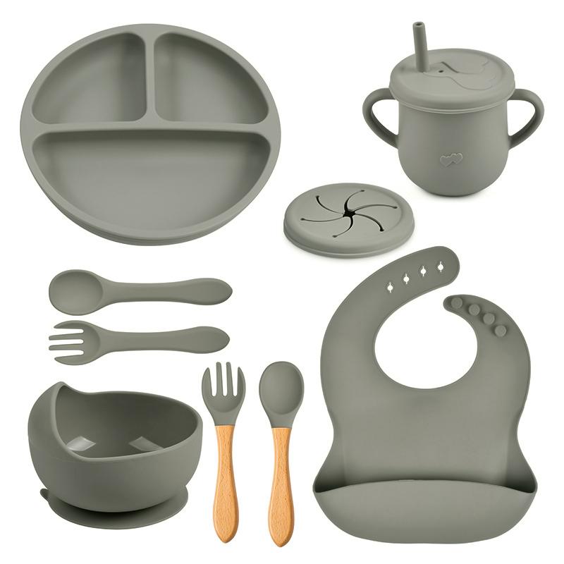 

8 шт. Набор для кормления ребенка Водонепроницаемые слюнявчики Детская тарелка на присоске Нескользящая миска Ложка Чашка Детская посуда Детские вещи