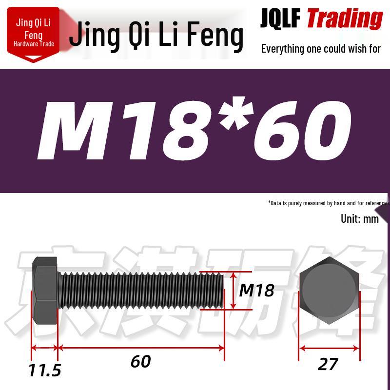 Grade 12.9 Reverse Thread Hex Bolt, M6-M24 High-Strength Blackened Hexagon Screw