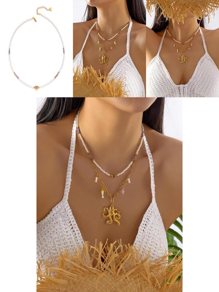 Ensemble de colliers en acier inoxydable avec accents perle et coquillage pour femmes et hommes