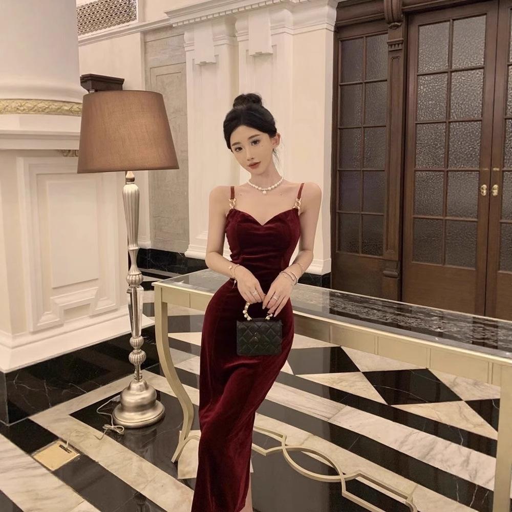 French black velvet suspender dress women's early autumn summer senior sexy hip wrap birthday evening dress long skirt