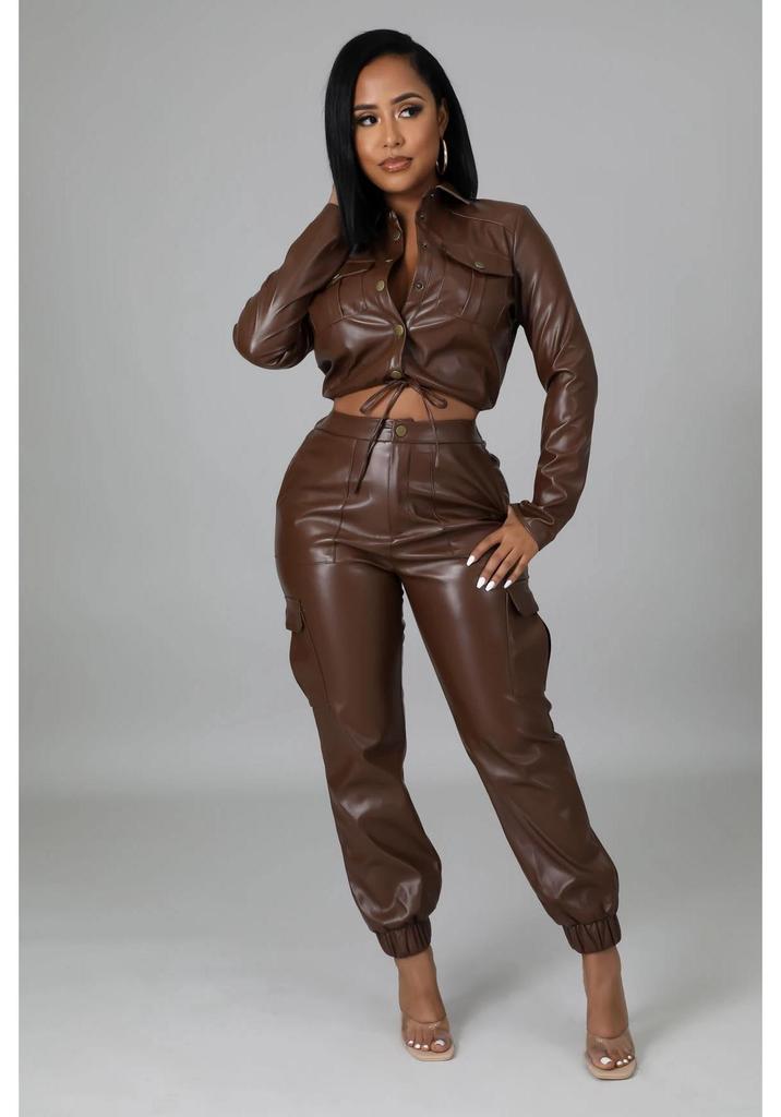 Autumn/Winter Slim-Fit PU Leather Brushed Long Pants with Multi-Pocket Detailing