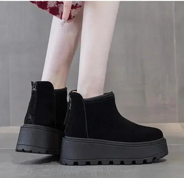 Fashion 8.5CM Suede Cow Genuine Leather Fashion Women Ankle Booties Platform Wedge Winter Plush 2025 Autumn Boots Spring Shoes Chimney