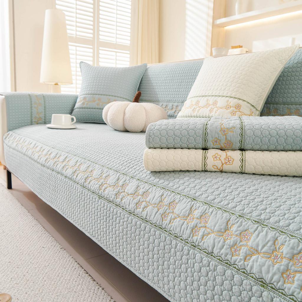 Purified Cotton Solid Color Sofa Cushion Anti-Slip with Exquisite Embroidery Durable Seat Cover Floral Decor Sofa Slipcover