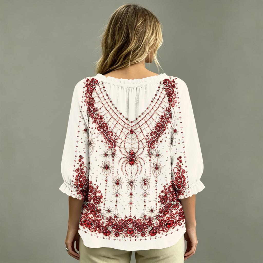 Women's Casual V-Neck Printed Blouse with Tie Front and Ruffle Trim, Three-Quarter Sleeve