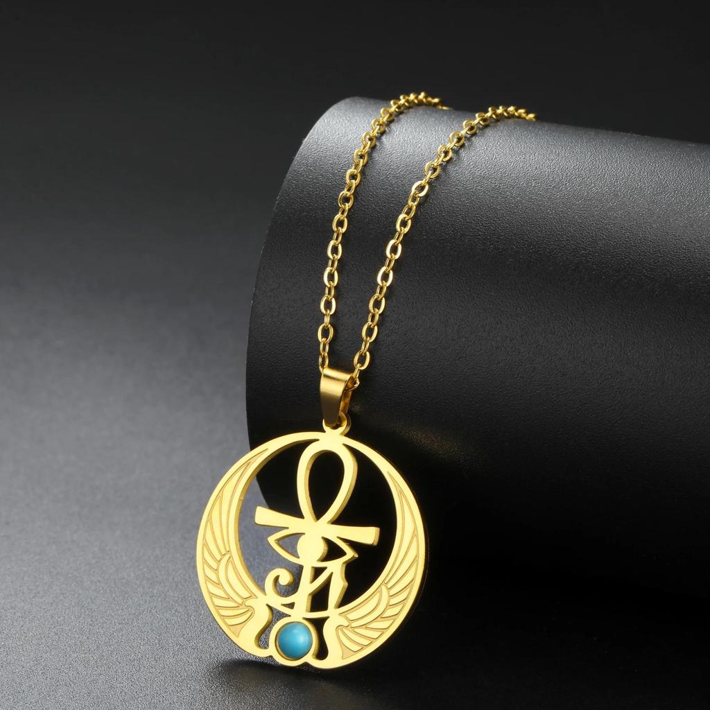 Ancient Egyptian Symbol Horus Eye Pharaoh Protection Amulet Talisman Pendant Necklace Blue Rhinestone Men Women Stainless Steel Chains Jewelry Gifts