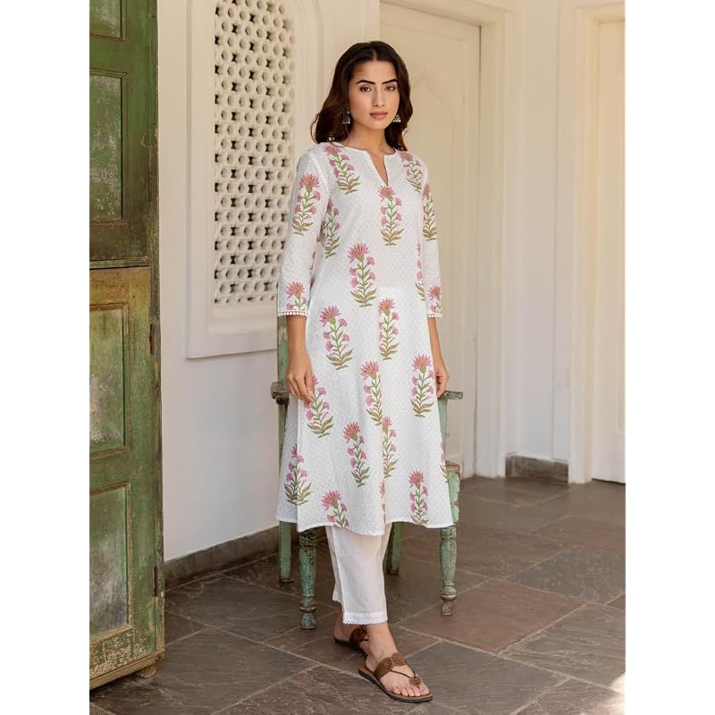 ANNI DESIGNER Women' Rayon Viscose Anarkali Printed Kurta with Pant (Dilam White White Large)