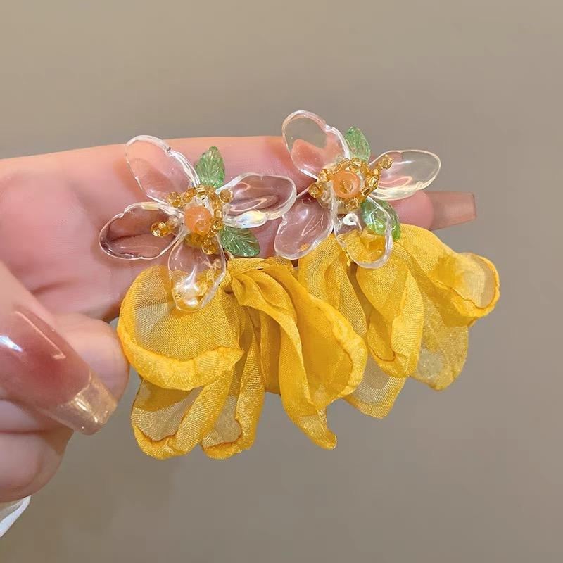 Exquisite Summer Flower Earrings Sweet Chiffon Dangle Drop Earrings For Women Boho Tassel Ear Jewelry Beach Party Accessories