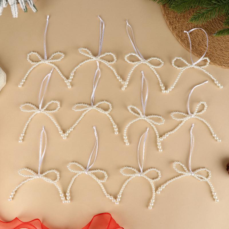 6/12Pcs Hand Woven Imitation Pearl Bow Pendant Christmas Tree Hanging Decoration Xmas Year Holiday Gift