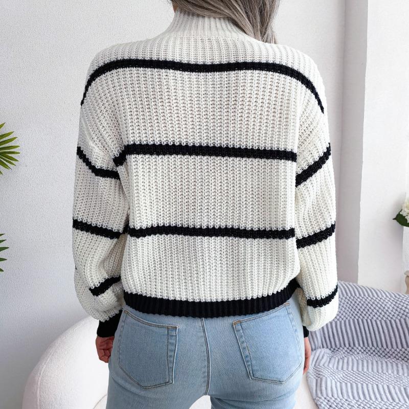 Striped Half High Collar Sweater Lantern Sleeve Knitted Pullover Women's Casual Top Thickened Warm Comfortable Autumn and Winter