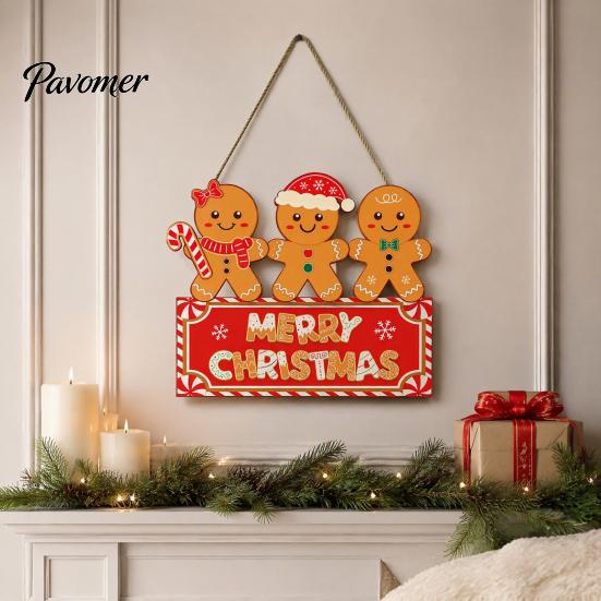 Decorative Window Display Sign Christmas Gingerbread Man Wooden Hanging for Front Door, Merry Xmas Home Entrance Plaque with Lanyard, Holiday