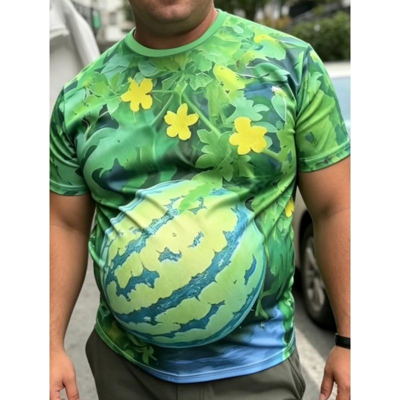 Funny Men's T-Shirt Watermelon Graphic Tee Fruit 3D Print O-Neck Short Sleeve Loose Big Belly Illusion Novelty Casual Top