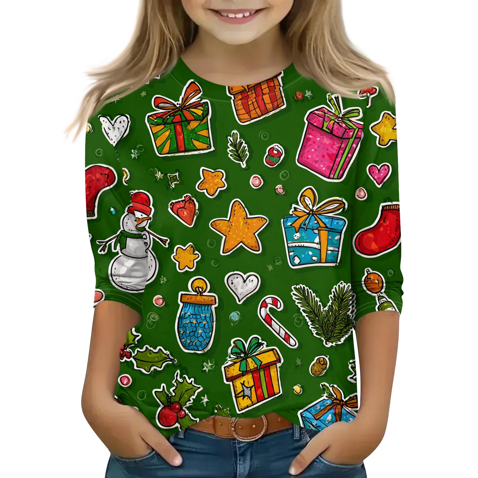 

Children s 3/4 Sleeve Round Neck Top Christmas Tree Printed Everyday Casual Top 120 зелёный