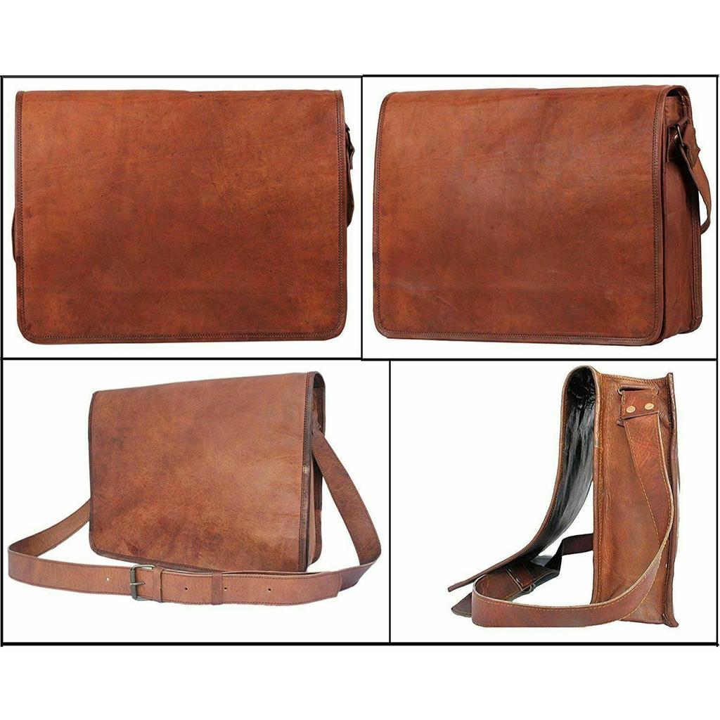 Väska Real Leather Messenger Shoulder Herr Laptop Satchel Handväska S Brun Ny