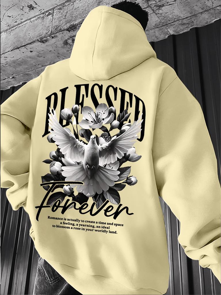 Men's Casual Loose Pigeon-print Fleece Thickened Hooded Sweatshirt for Autumn and Winter Wear