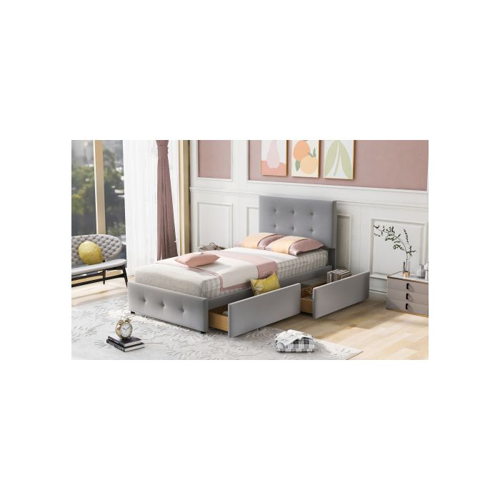 Lit rembourré 90 x 200 cm - MUVOE - Lit d'invité - Tiroirs de rangement - Métal - Montage facile