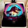 Vibrant Tyrannosaurus Rex Dinosaur and Glowing Blue Moon Blanket - Surreal Retro-Futuristic Soft Throw Blanket for Home Decor, P