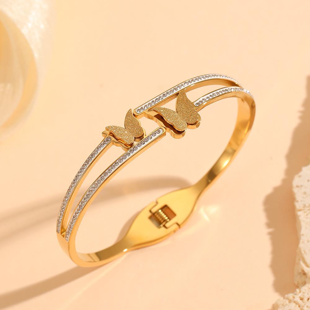 Titanium Steel Gold Butterfly Bracelet: Versatile, Light Luxury Double-Layer with Diamonds for Women.