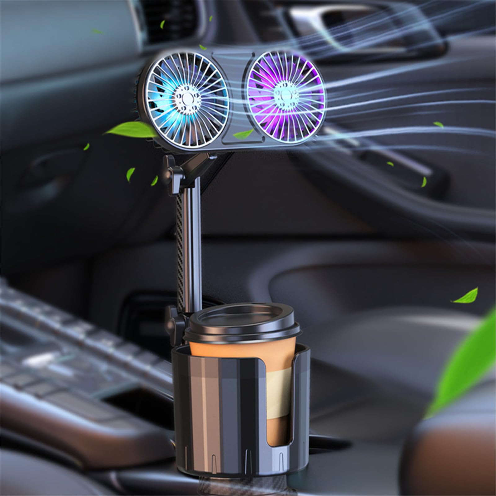 

AUSTYLCO Car Car Cup Holder Colorful Ambient 3 Adjustable USB Cup Holder Included [2025 Launch] Fan, In-Car Fan, Fan, Dual-Head Fan, Lights, Speeds,