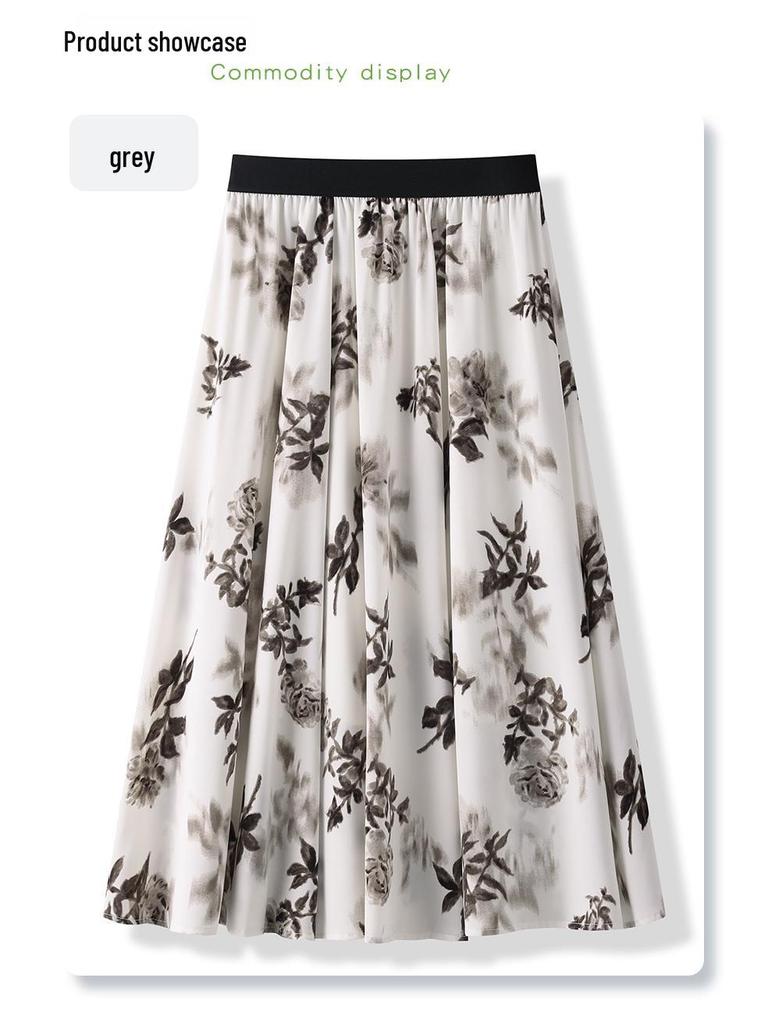 Women's Floral Print Pleated French Chiffon Midi Skirt - Spring/Summer 2025 High-Waist A-Line Design