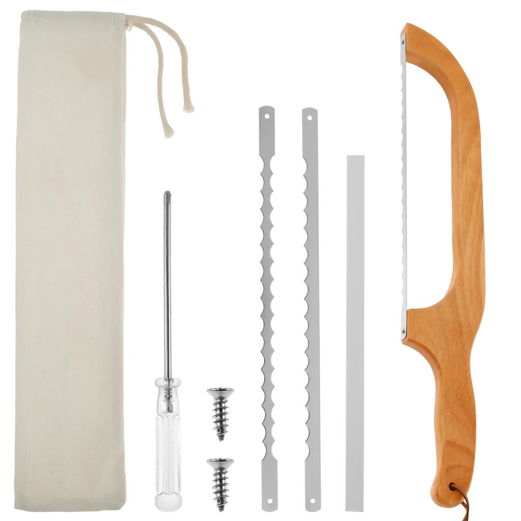 Bread Bow Knife Wood Handle with 2 Extra Stainless Steel Serrated Blades Multipurpose Bread Saw Slicer Home Bakery Baking Tools