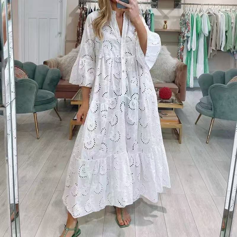 IHUASU 8 Colors S-5XL Women's Fashion Summer Spring Solid Color Print 3/4 Sleeve V-Neck Casual Dresses