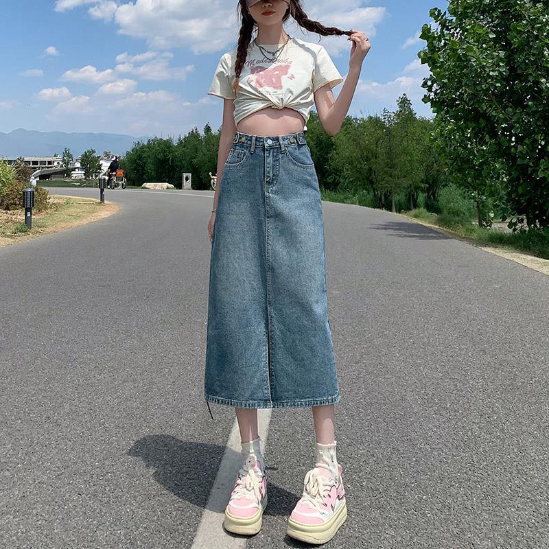 2024 High-Waist Split Denim Skirt: Women's Medium-Length A-Line for Spring, Summer, and Autumn